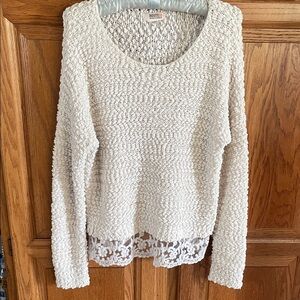 Route 66 Cream Textured Sweater with Lace Detail